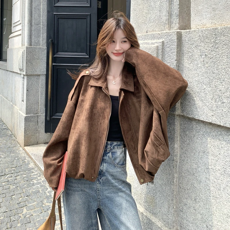 美拉德百搭棕色麂皮绒外套女秋季2025新款洋气休闲气质风短款夹克