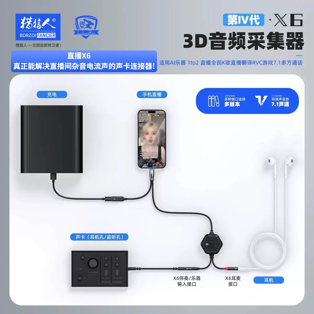 直播X6声卡接手机直播转接器立体声数字对录单手机AI实景开播神器