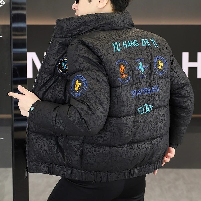 男士冬季新款时尚潮流刺绣修身立领加厚棉服棉衣上衣外套