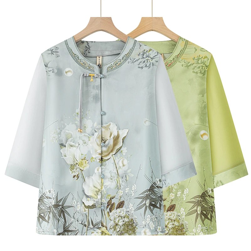 新中式中老年人七分袖国风衬衫夏季妈妈装奶奶装大花圆领舒适上衣