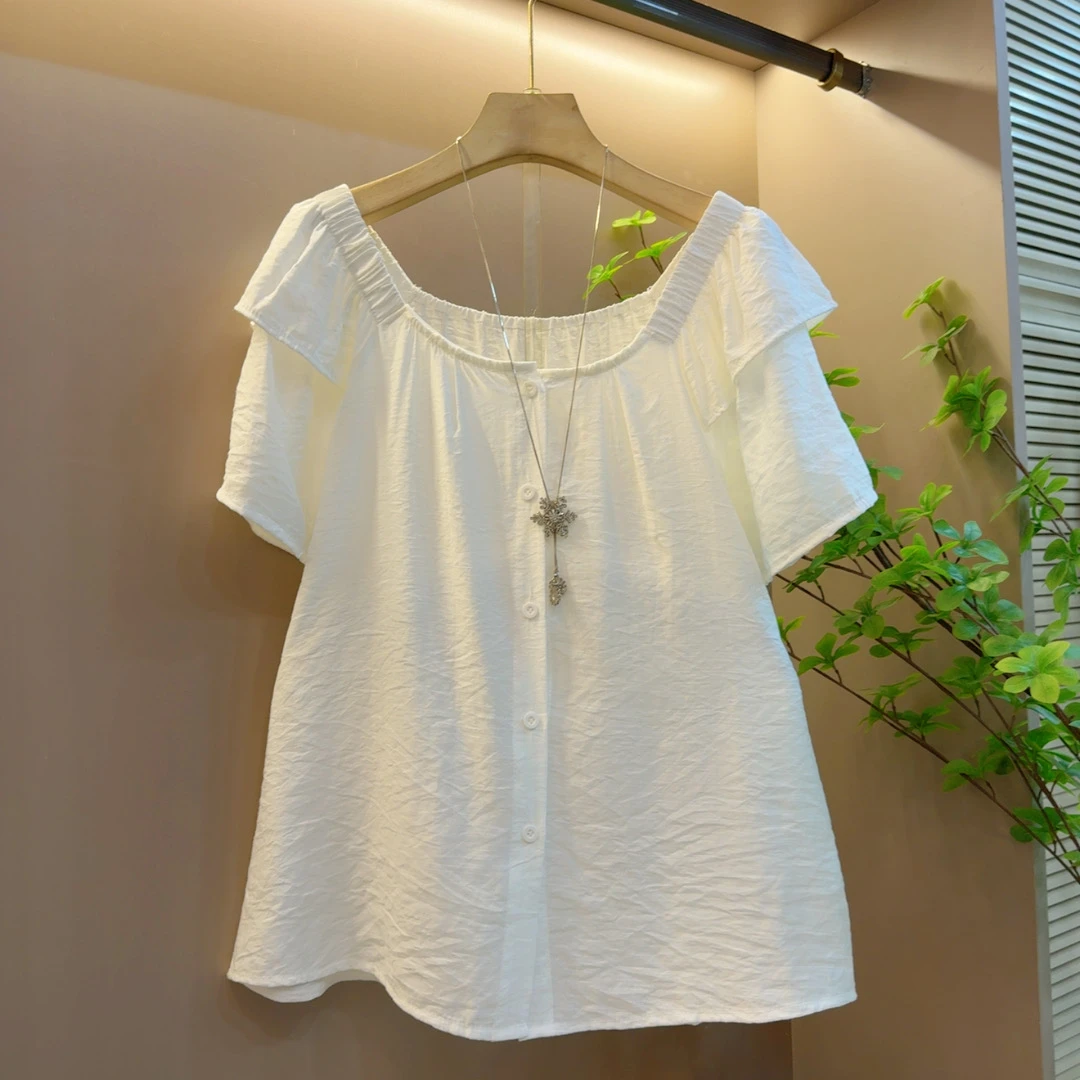 2025夏季新款韩版甜美纯洋气泡泡袖拼接褶皱a字上衣（长60左右）
