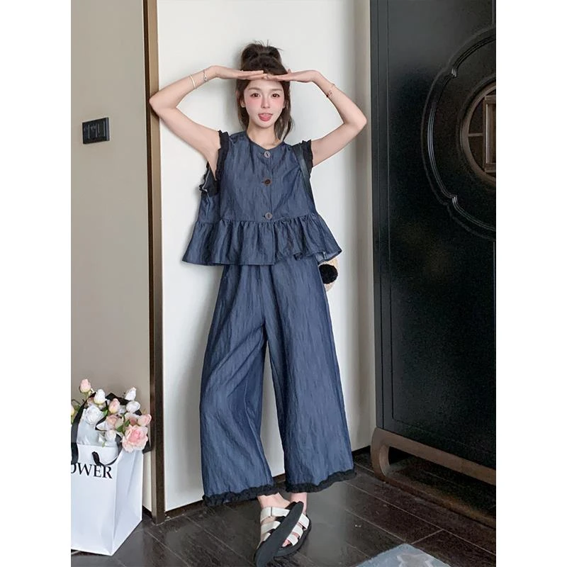 高级天 丝软牛仔无袖外套套装女2025夏款洋气减龄八分阔腿裤两件