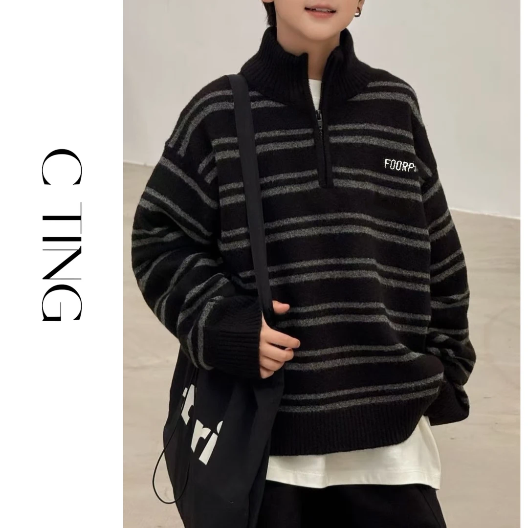 C TING新款韩版亲子装童装男女童刺绣半拉链羊毛条纹针织毛衣8982