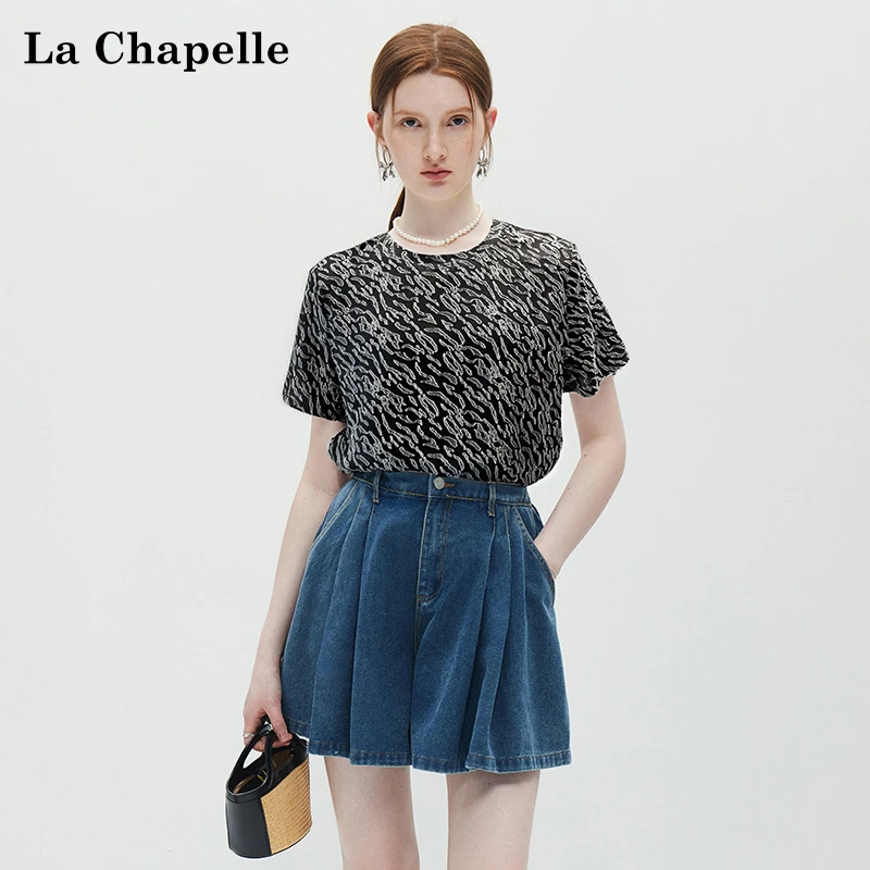 拉夏贝尔圆领垫肩显瘦短袖T恤女设计感立体提花短上衣