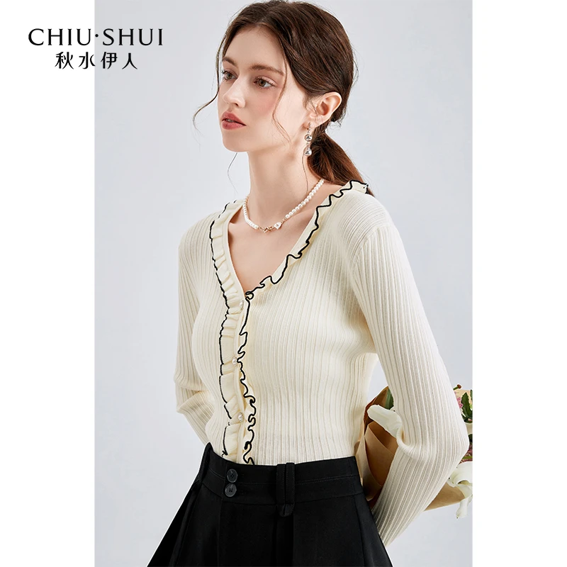 【直播】秋水伊人甜美木耳边针织开衫春季女装上衣624112D102058