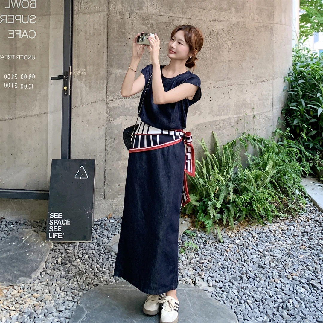 设计感丝巾拼接牛仔套装裙女夏2025新款休闲又酷又飒半身裙两件套