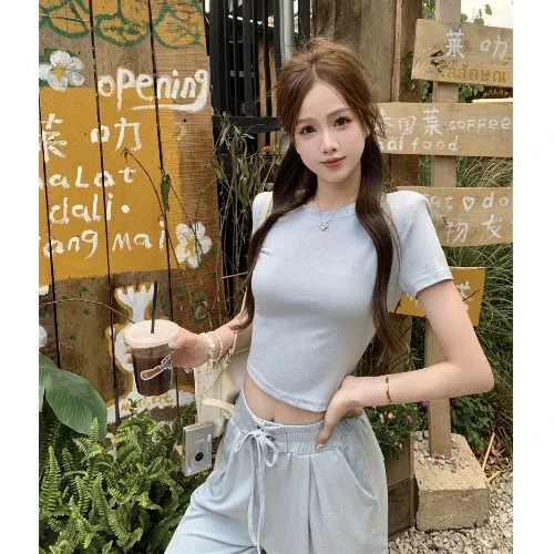 修身系带短款t恤上衣➕高腰休闲阔腿裤两件套