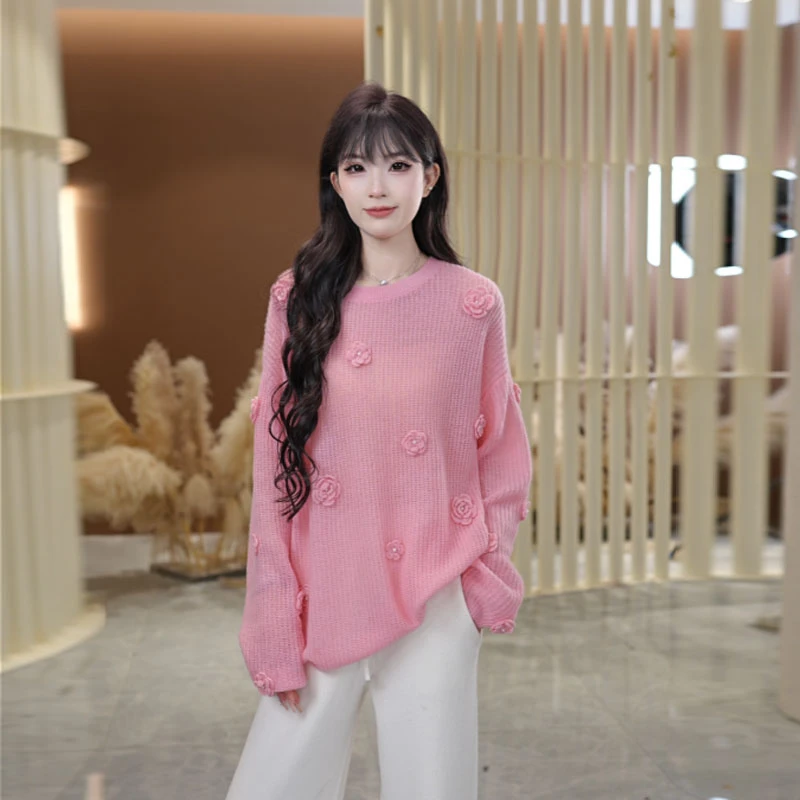 【山茶花】山羊绒立体手工钩花轻奢圆领宽松高级感针织251218