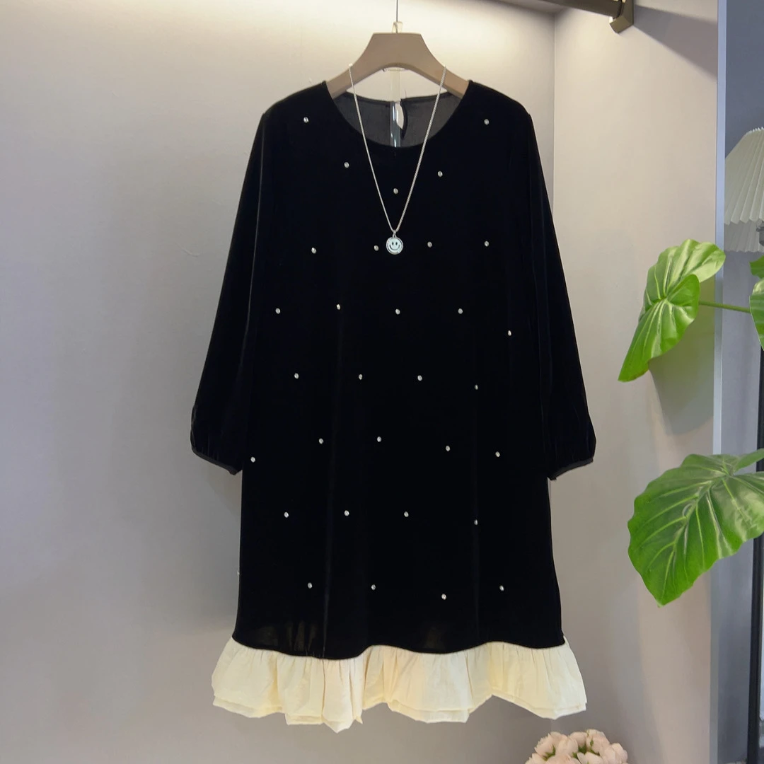 新款丝绒烫钻慵懒风宽松遮肉拼接连衣裙