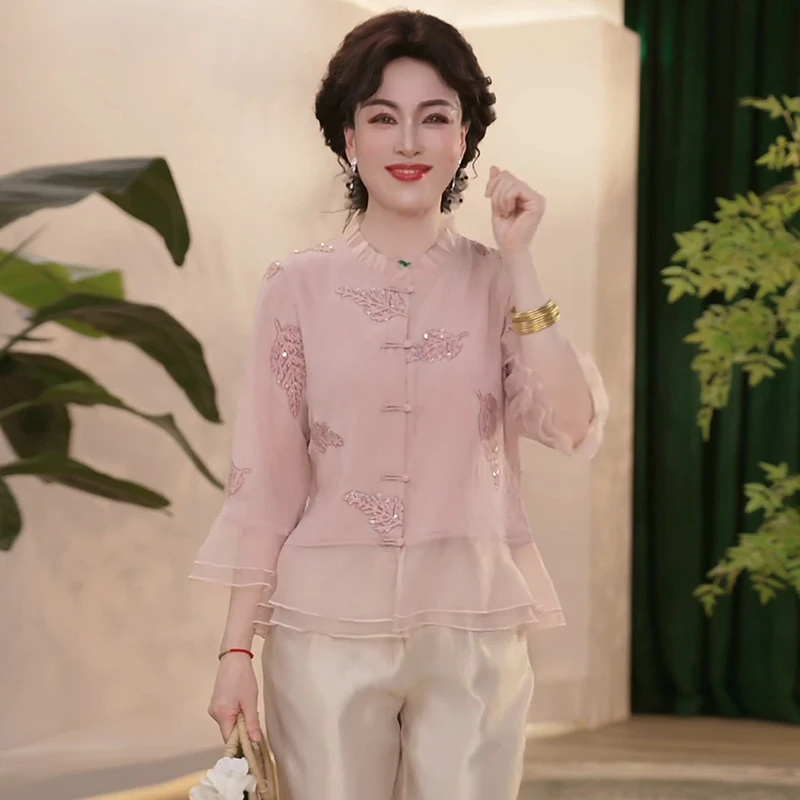 妈妈装春夏装薄款时尚新国风两件套气质中年女装中年洋气上衣裤子
