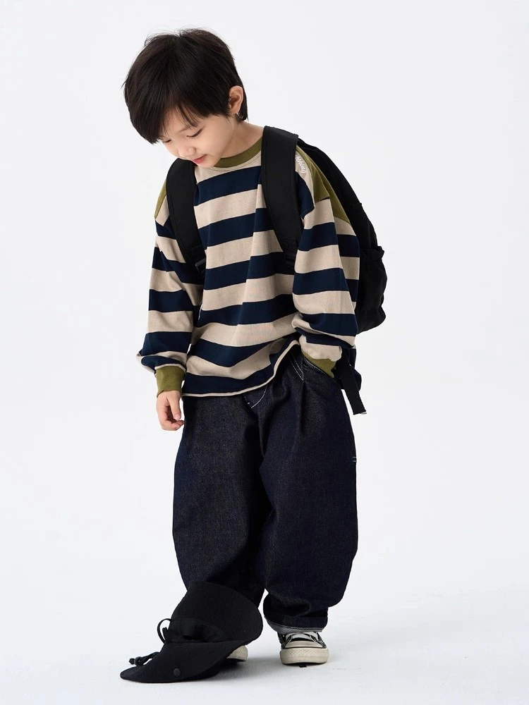 字母撞色男童条纹长袖T恤2025秋季新款儿童宽松圆领上衣打底衫潮