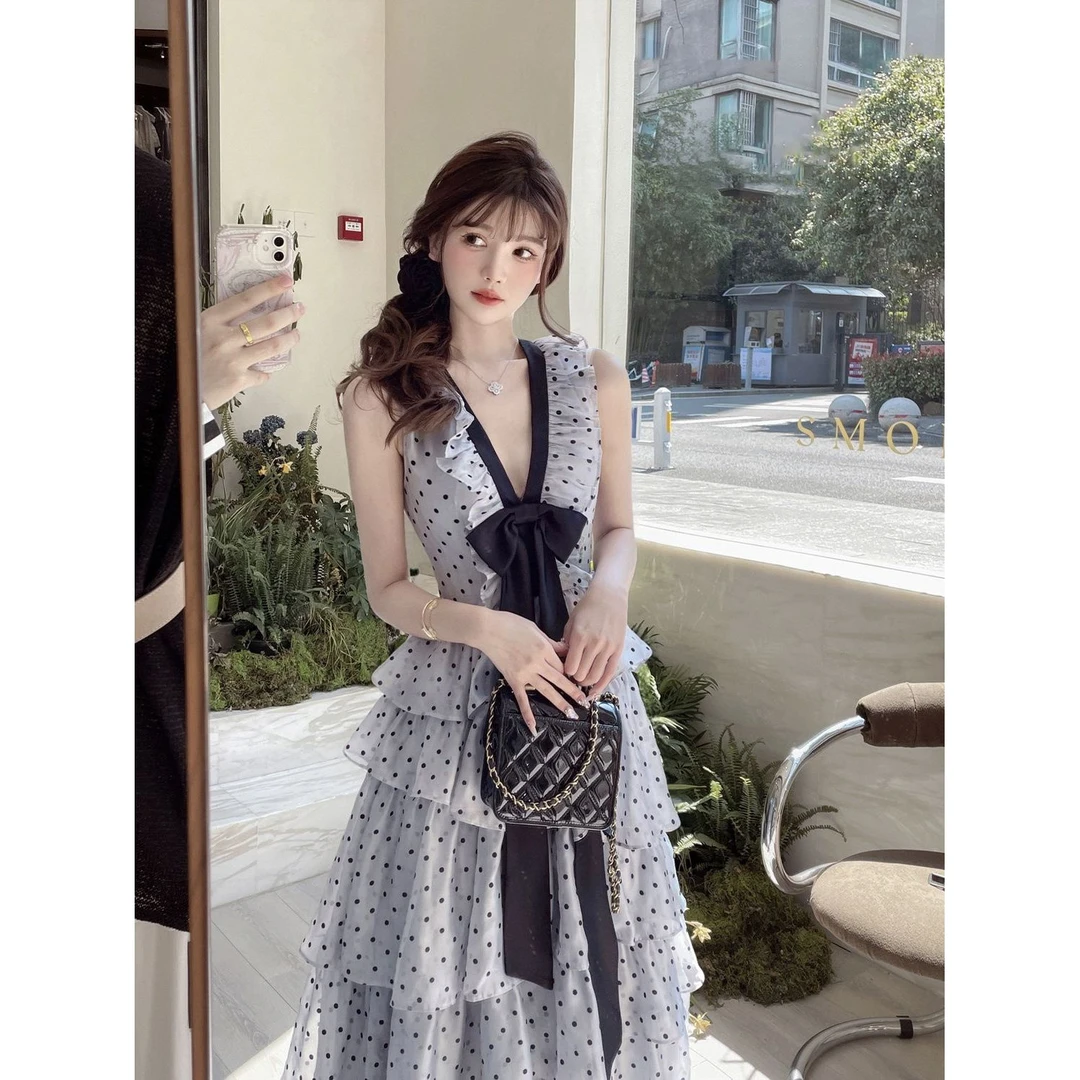 法式优雅气质中长款蝴蝶结波点蛋糕连衣裙女夏千金清冷感贵系衣服
