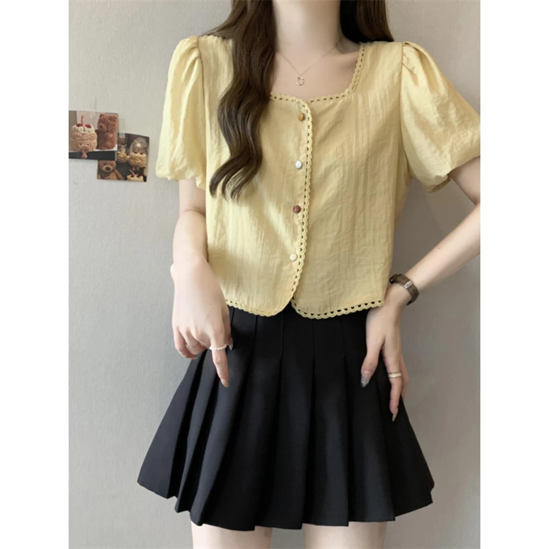 法式方领短袖雪纺衬衫女夏大码胖mm短款独特漂亮小衫正肩T恤上衣