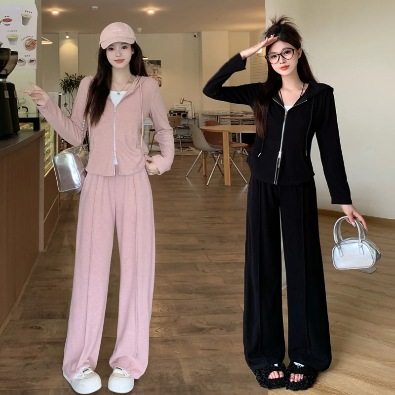 春季新款大码女装套装显瘦连帽上衣直筒阔腿裤胖mm休闲两件套