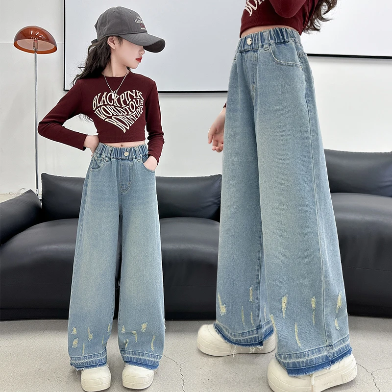 女童牛仔裤阔腿裤春秋季新款2025爆款洋气中大儿童装宽松直筒长裤