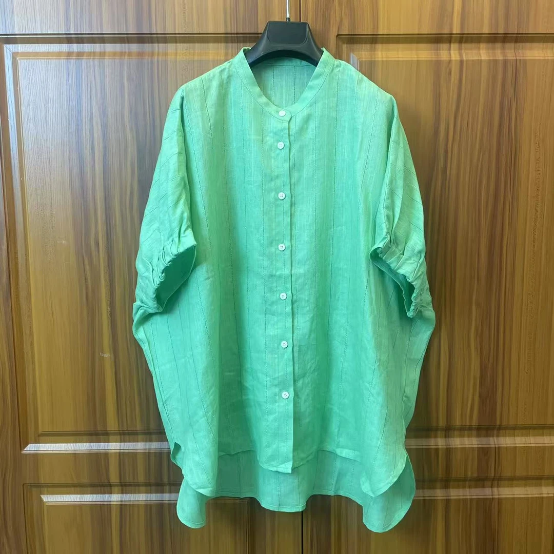 【50玫瑰】亚麻立体裁剪显瘦宽松条纹衬衫时尚夏季立领上衣百搭女装