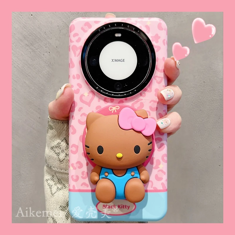 适用华为mate70pro+手机壳粉色豹纹mate60pro+黑皮KT猫磁吸支架女