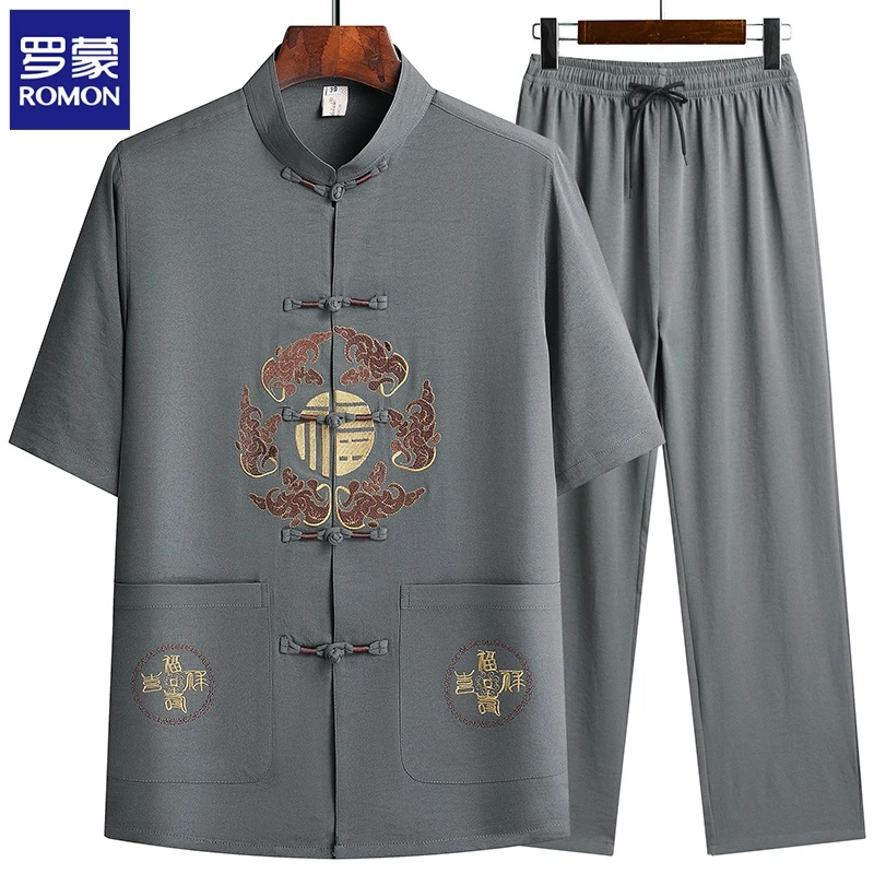 罗蒙老年夏季套装中国风唐装男士短袖衬衫盘扣半袖中式衬衣爸爸装
