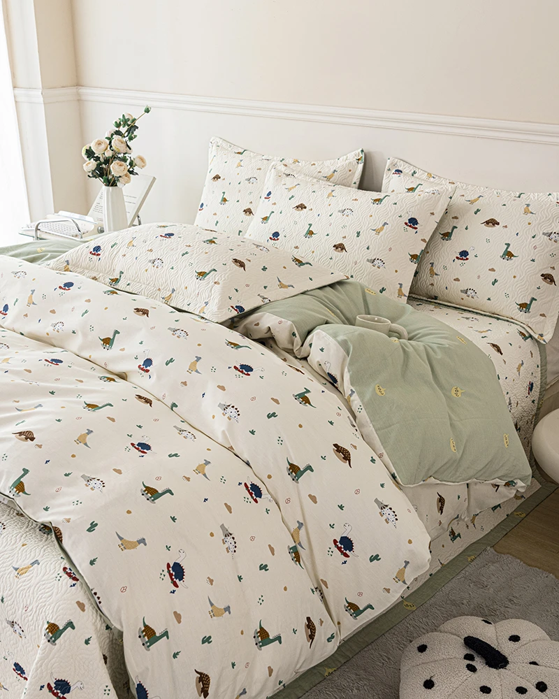 新款双面100%纯棉全棉斜纹宽边床盖四件套绗缝双面可用高温砂洗