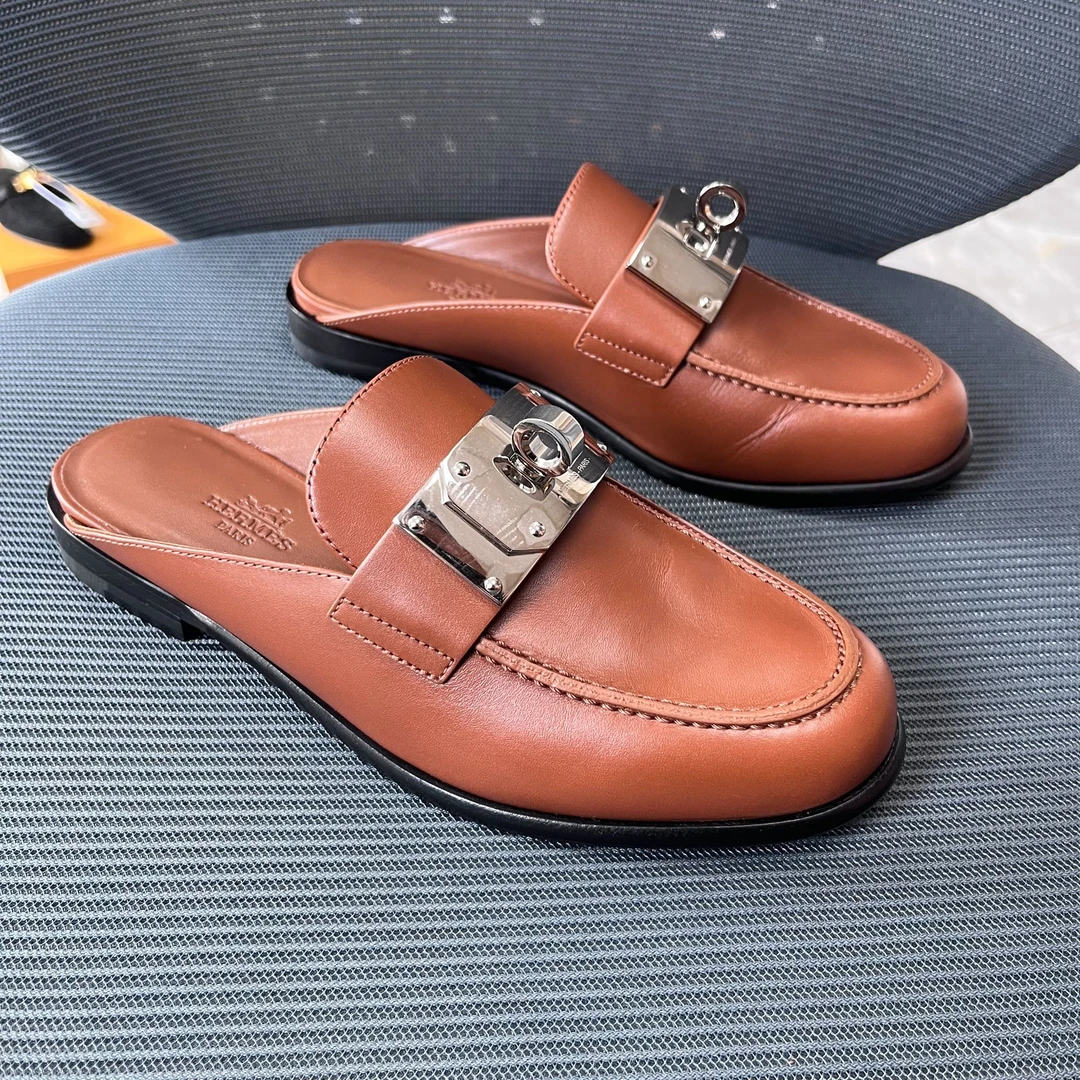 99新 Hermes/爱马仕 下地一次！35码！lota 皮革包头乐福鞋 棕色