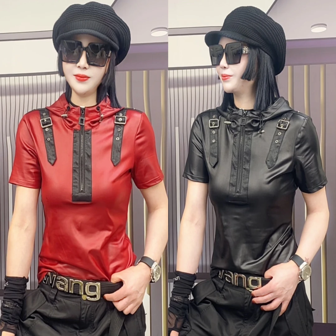 阿珍服饰店 新款时尚百搭涂层面料短袖帽衫#00042