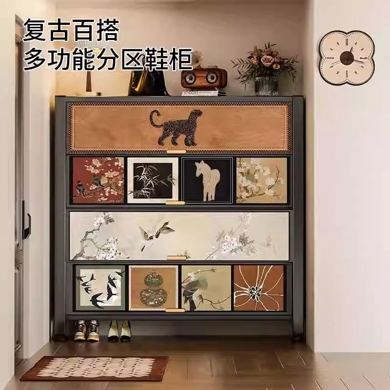 钢制一体靠墙大容量中古风入户门口鞋柜家用玄关收纳柜多层储物柜