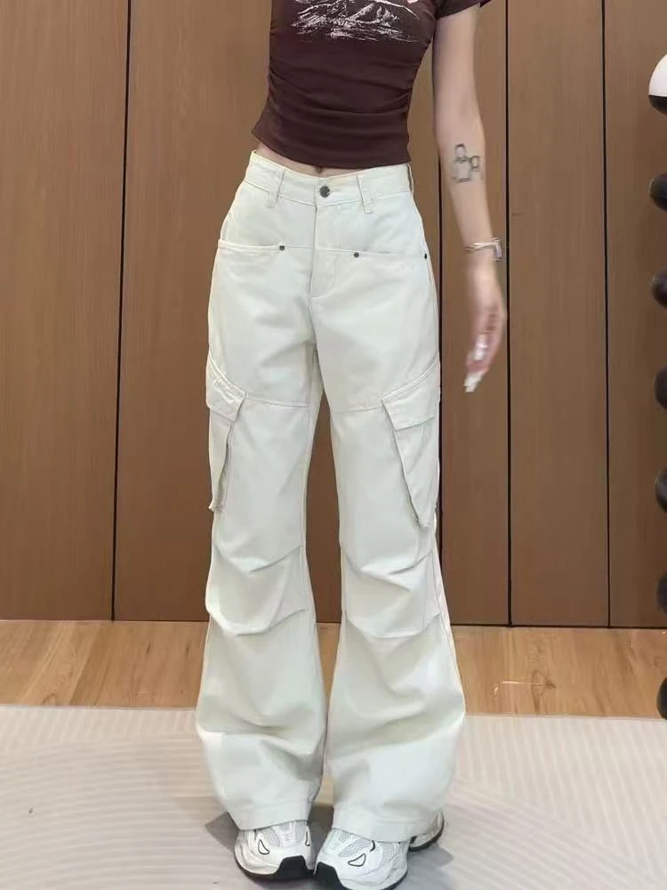 618活动时尚高腰休闲裤小个子女生女款显瘦褶皱美式工装裤牛仔裤