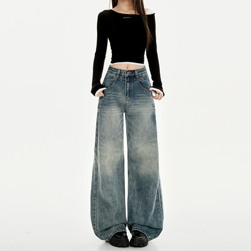 复古美式阔腿牛仔裤女秋季新品宽松垂感高腰显瘦百搭直筒拖地裤子