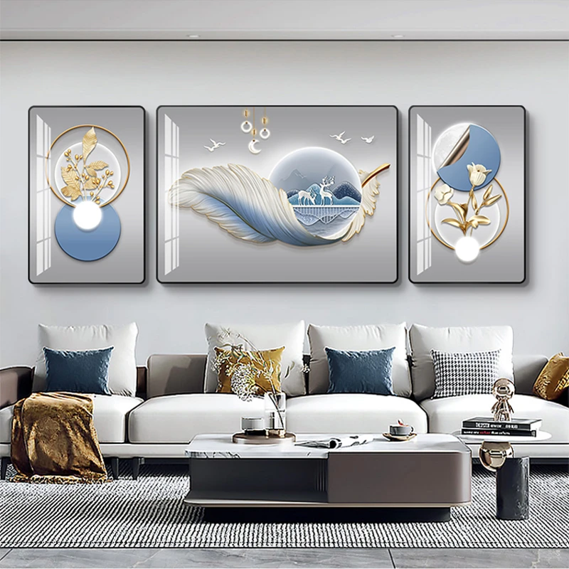 【佳工坊】高端大气山水客厅装饰画新中式仿真刺绣三联画设计简约