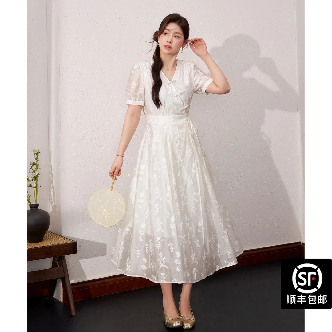 蓝语大码女装新中式重工绣花天丝连衣裙2025夏季收腰显瘦a字长裙
