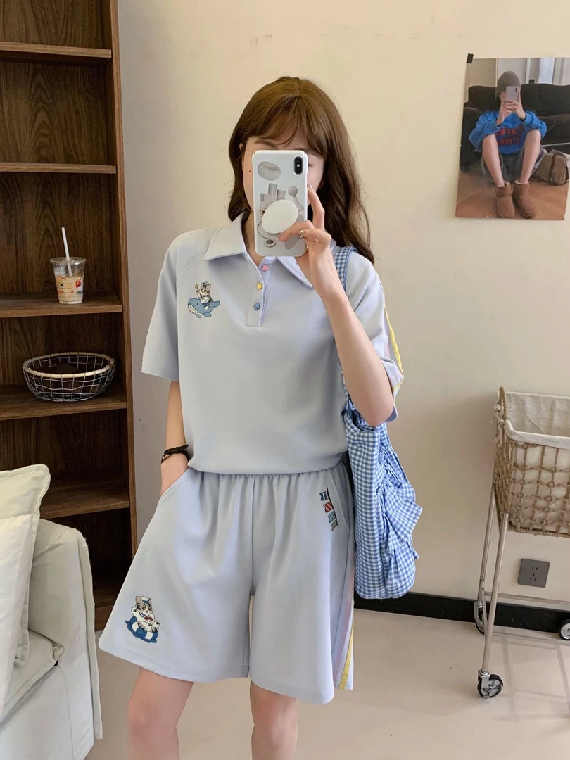 0229【夏季新款】海军小猫咪polo领休闲套装