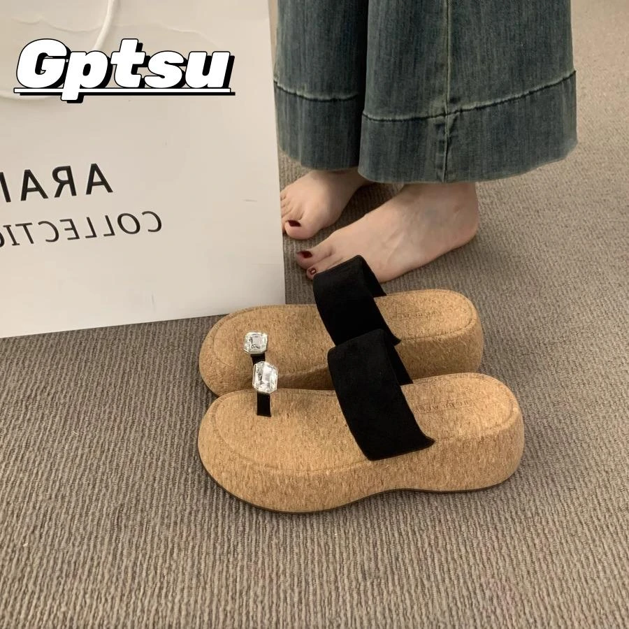 GPTSu小个子厚底增高水钻套趾凉拖鞋外穿夏季度假松糕底沙滩凉鞋