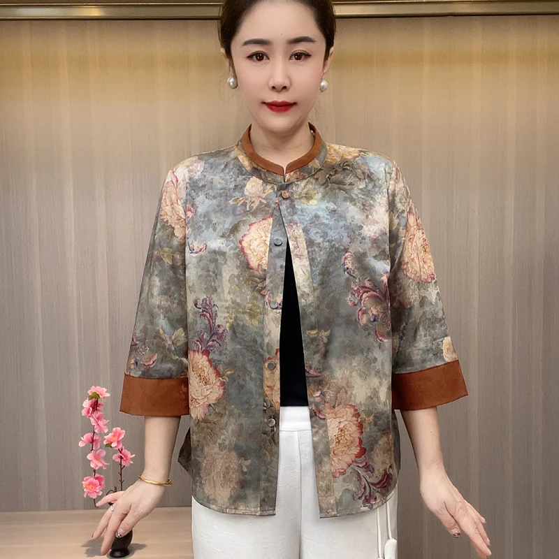 8580新款夏季七分袖开衫中老年上衣T恤透气吸汗凉爽清凉妈妈装