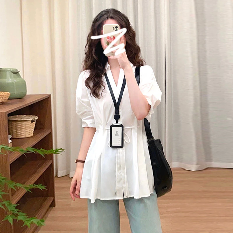 白色v领衬衫女夏季2025新款收腰设计感短袖衬衣别致漂亮小衫上衣