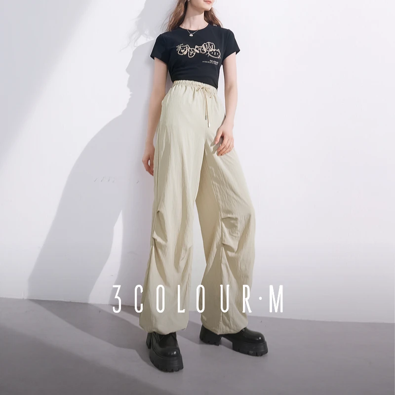 三彩2025夏季新款休闲工装裤松紧高腰可调节裤脚伞兵裤直筒裤M