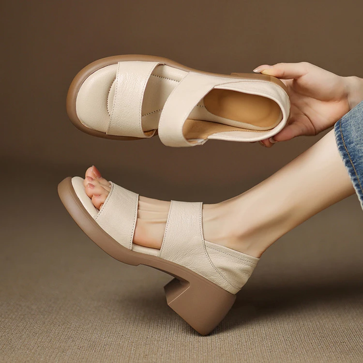 踩屎感露趾厚底仙女凉鞋女真皮2025年新款夏季高跟粗跟百搭罗马鞋