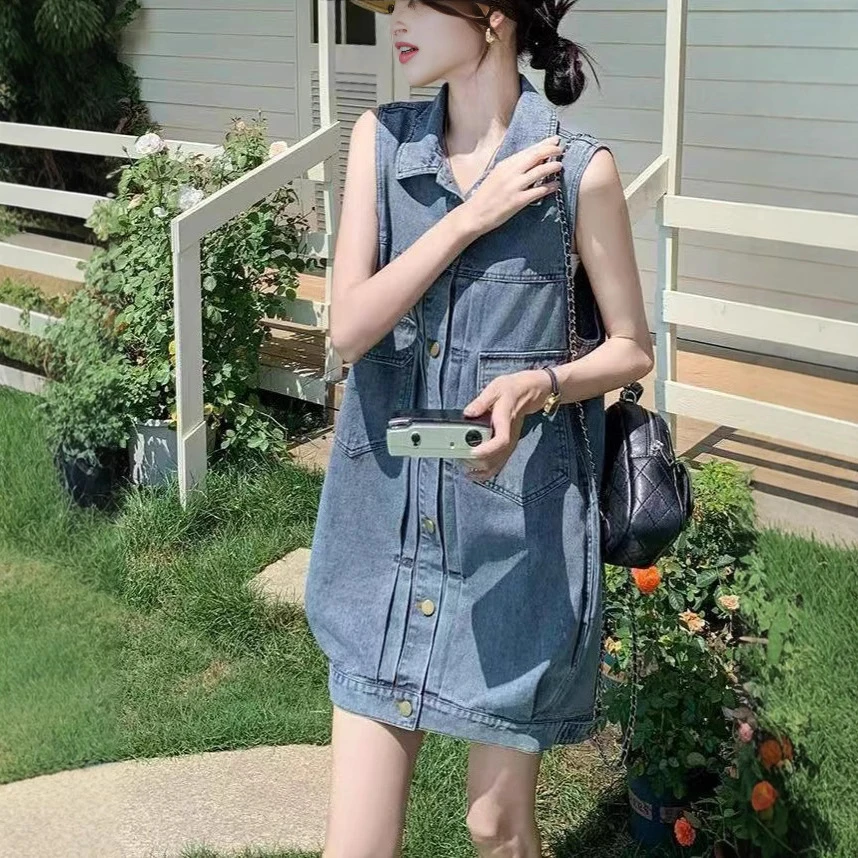 韩版复古减龄无袖牛仔连衣裙女2025夏季新款法式宽松显瘦盐系短裙