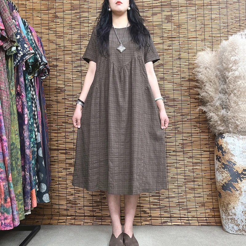 2872夏季新款女装大码妈妈装复古宽松纯色大裙摆中长款拼接连衣裙