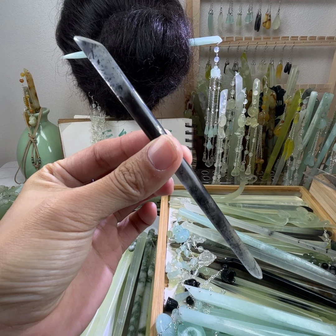 蛇纹石玉发饰未镶嵌长度14.3