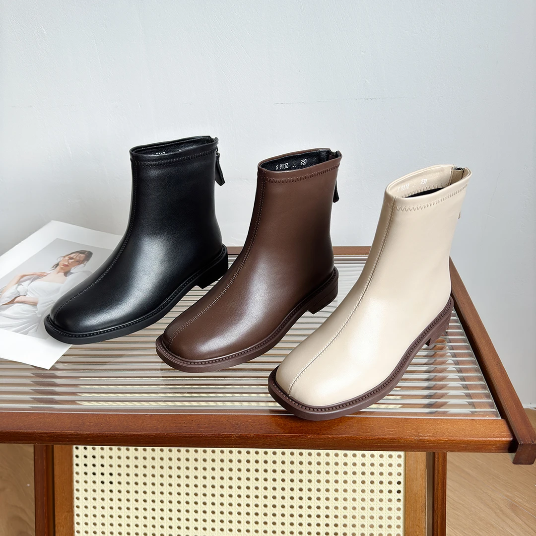 9117新款秋冬季加绒羊皮马丁靴子英伦弹力平底瘦瘦靴