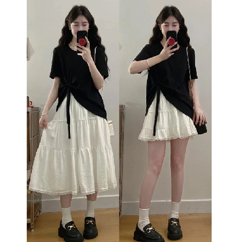 2025夏季韩式新款蝴蝶结宽松短袖T恤百搭花边蛋糕裙高级感两件套