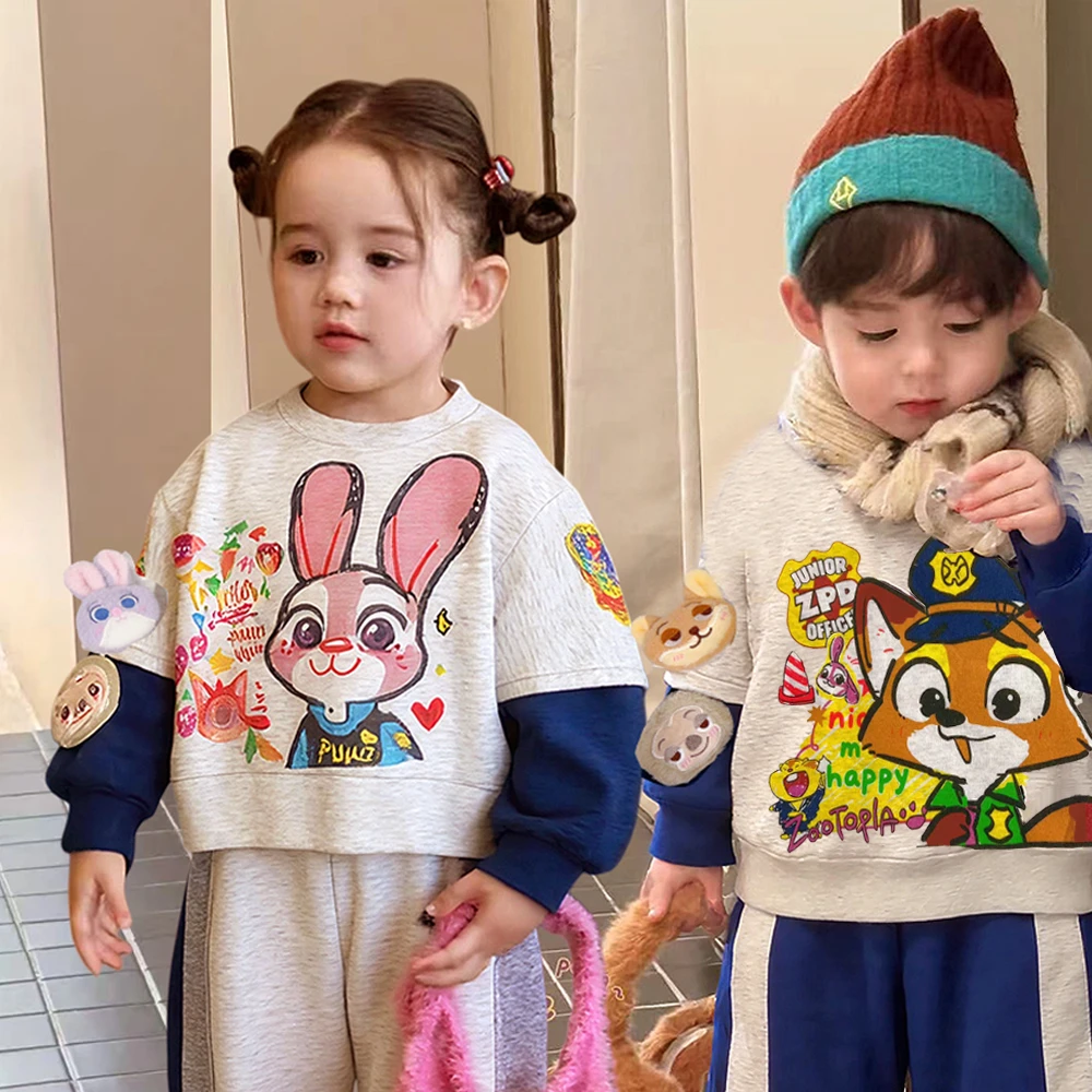 童装2025秋冬新款男童小童韩版动漫涂鸦拼色加绒狐狸卫衣卫裤套装