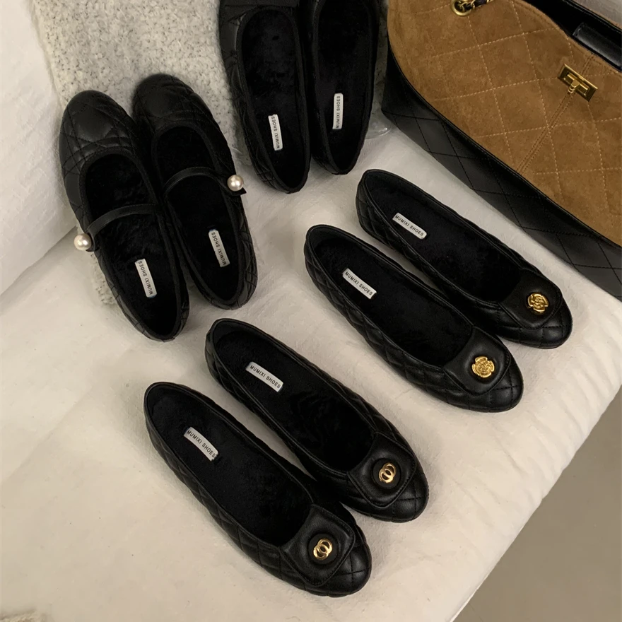 韩版小香风平底圆头单鞋加绒女鞋子秋冬法式配裙子毛毛鞋玛丽珍