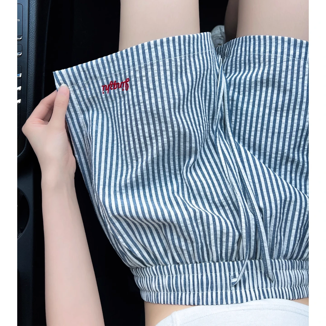 杏色刺绣工装短裤女夏季2025新款高腰宽松a字美式速干运动五分裤