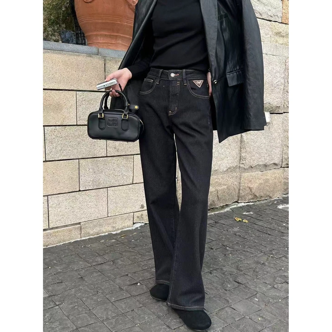 【小黑家】长高端色织棉三角标小刺绣直筒休闲百搭牛仔裤675