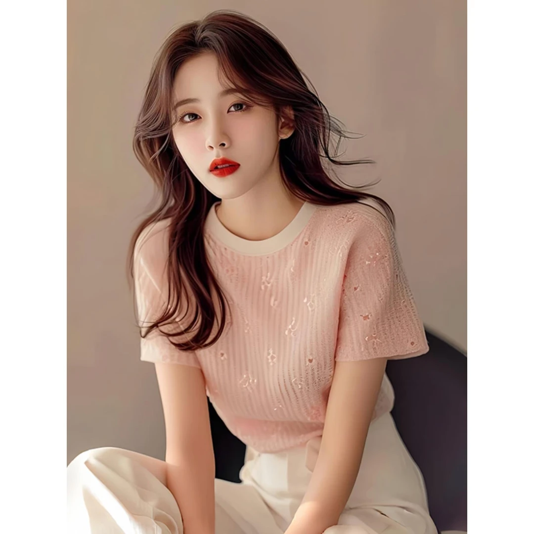 GDAMS商场同款粉色V领显瘦针织短袖T恤女25新款夏季时尚洋气上衣