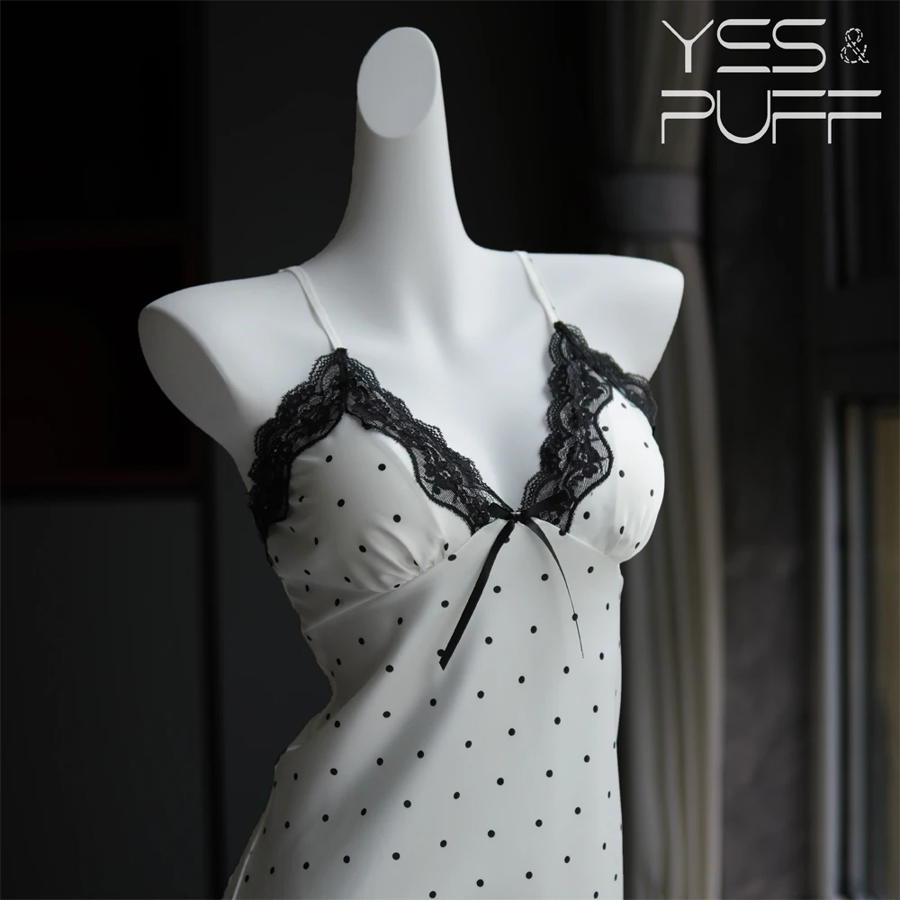 「椰汁泡芙」法式甜美波点性感睡衣纯欲风蕾丝吊带睡裙