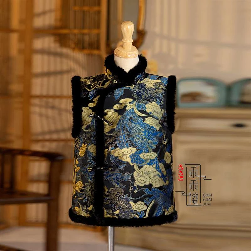 男童唐装汉服马甲冬季加绒男孩拜年服儿童国风过年背心男宝宝抓周