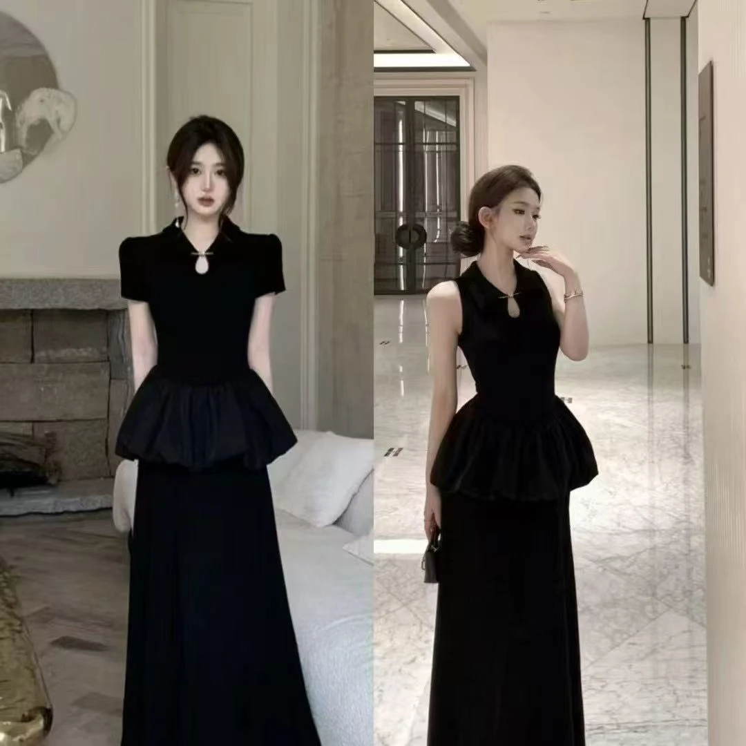 大码胖mm新款收腰显瘦长裙夏季黑色新中式短袖连衣裙女时尚