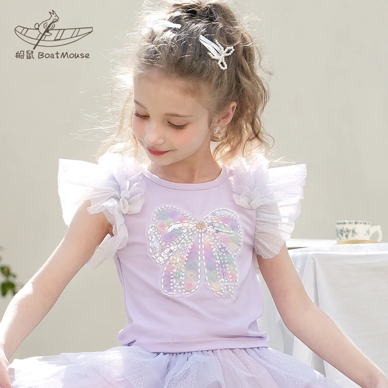 船鼠女童t恤 短袖网纱小飞袖蝴蝶结亮片花朵珠子纯棉儿童上衣夏季